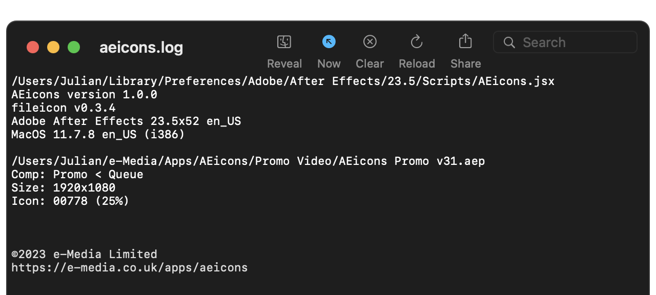 macOS Console.app with aeicons.log file